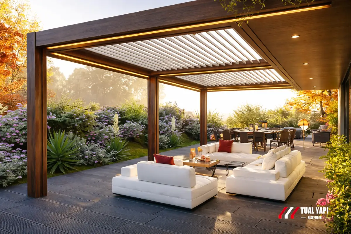 Açık veranda pergola sistemleri kafe restoran ve bahçelerde kullanım alanları İstanbul pergola montaj hizmeti
