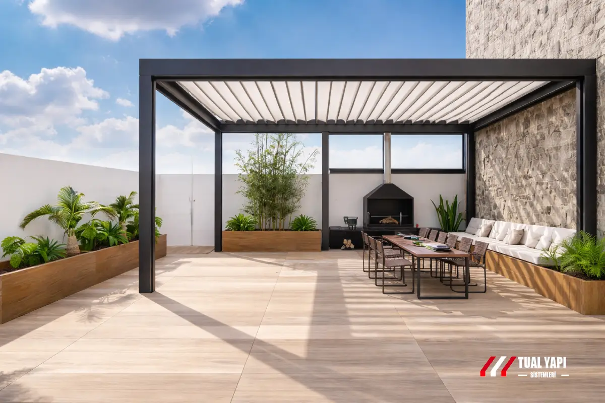 Bioklimatik pergola nerelerde kullanılır kafe restoran otel villa teras için motorlu pergola sistemleri İstanbul